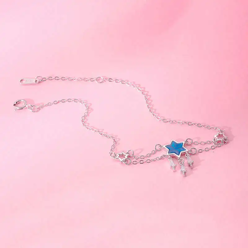 

PONYKISS Trendy S925 Sterling Silver chic Blue Stars and Zircon Teassl Chain Bracelets for Women Party Jewelry Accessory Gift