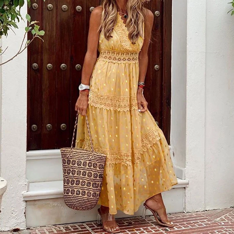 

V Neck Polka Dots Boho Dress Sleeveless Dresses For Women Summer Sexy Slip Long Skirts Fashion Print Skirts