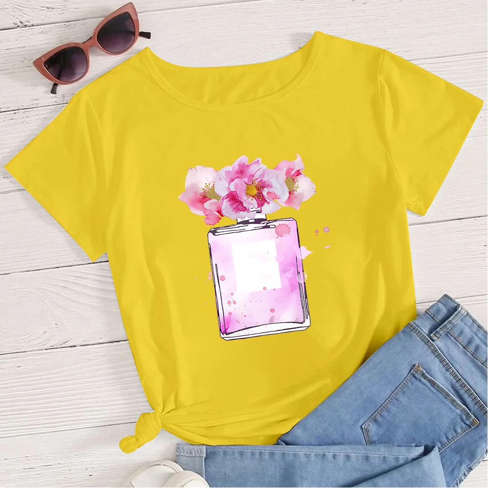 

Aesthetic Flower Perfume Bottle Printed Sweet Style Women Thsirt Short Sleeve Shirt Spring Daily Casual Wear Female T-shirt