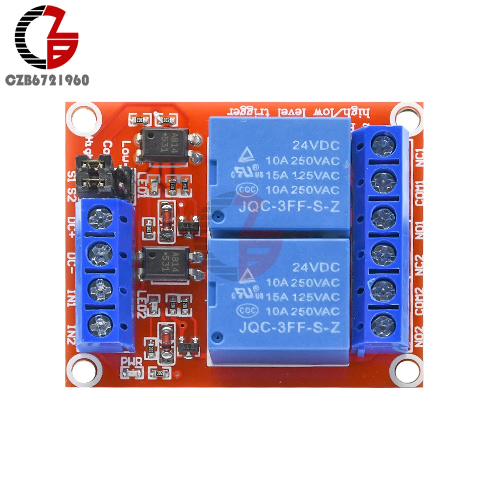 2 канала DC 24V Красный PCB релейный модуль высокого и низкого уровня триггерный с