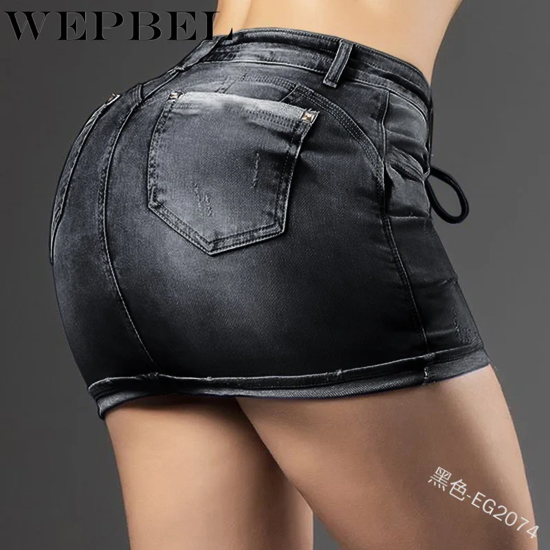 

WEPBEL Women Sexy Ripped Denim Skirt with Belt Ladies Vintage Frayed Distressed Punk Style Short Pencil Skirt