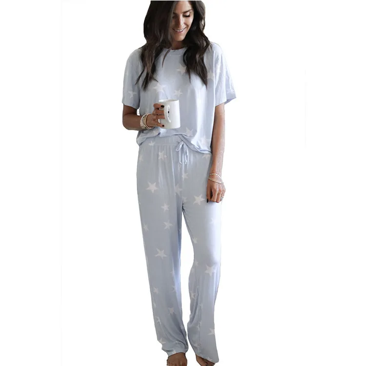 

2021 summer new style casual and comfortable printing short-sleeved two-piece home wear pajamas women