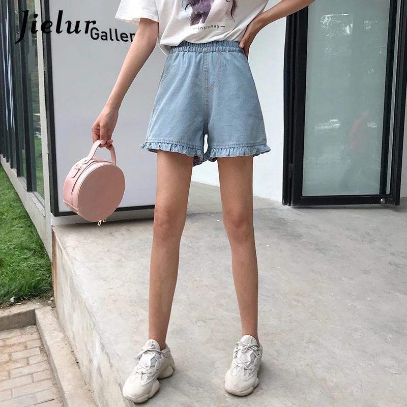 Женские джинсовые шорты Jielur синие свободные брюки с высокой талией однотонные