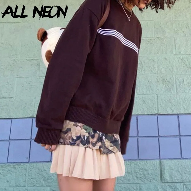 

ALLNeon Vintage 90s Aesthetics Brown Striped Print Oversize Pullovers Retro Y2K Streetwear O-neck Long Sleeve Knitted Sweaters