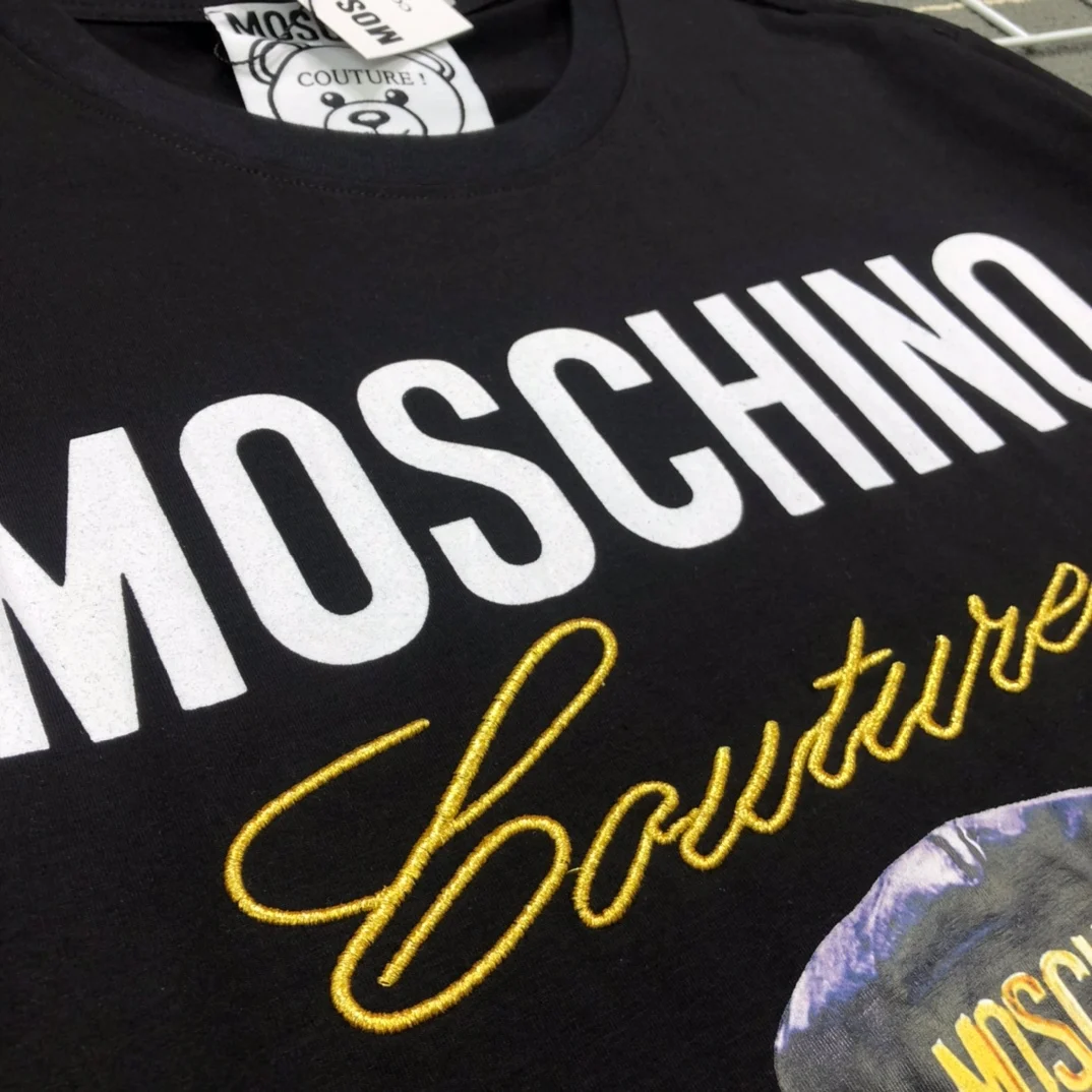 Модные высококачественные футболки Moschino из 100% хлопка топы унисекс с золотой