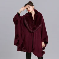 womens black big pendulum capes poncho 2022 winter fur ball shawl oversized knitted sweater big faux fox fur neck cardigan coat