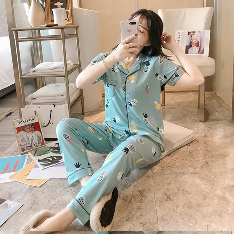 

2 Piece Women Sleepwear Faux Silk Satin Pajamas Set Short Sleeve Pajamas Suit Female Pijamas Women Cardigan lapel