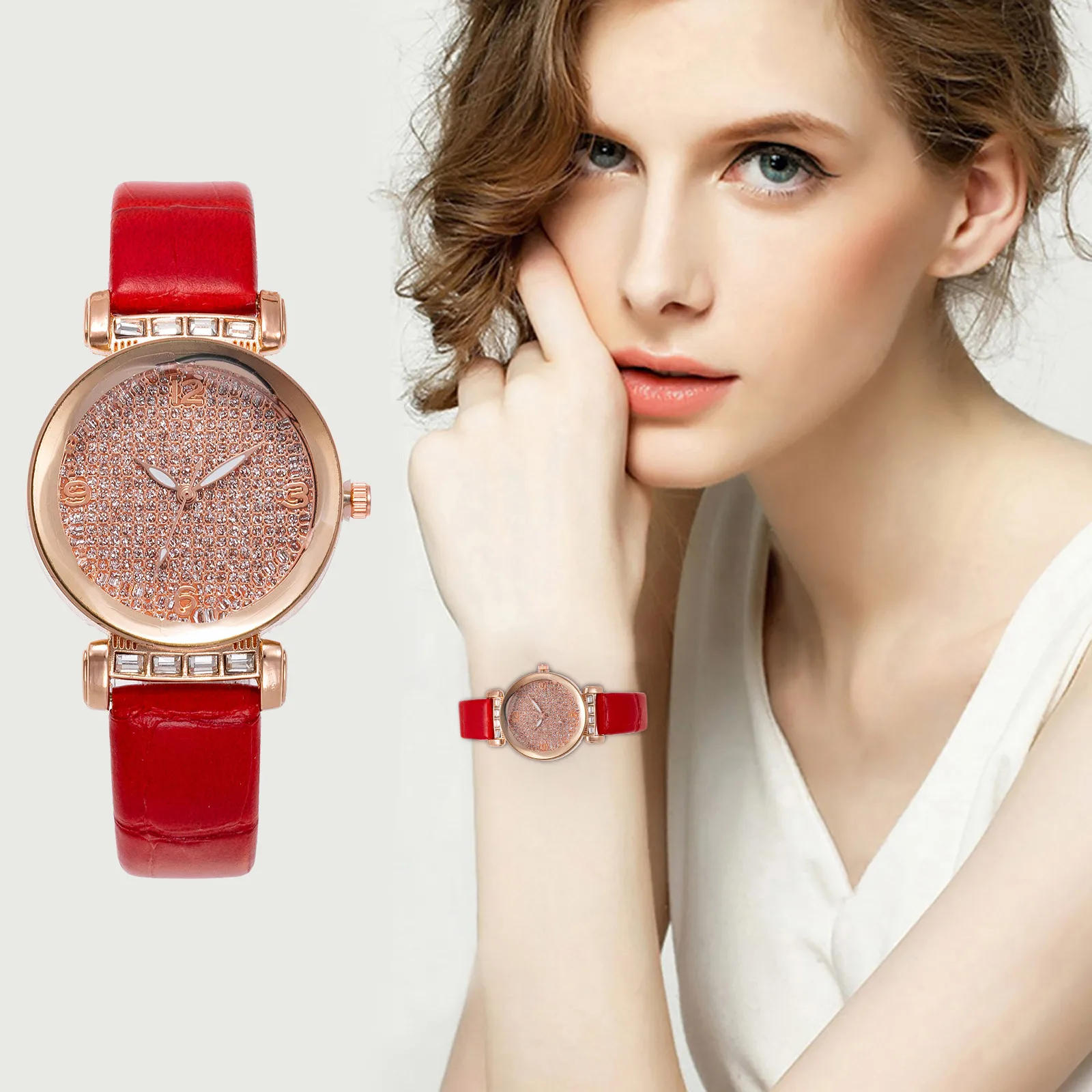 Роскошные женские часы с рождественским бриллиантом кожаный ремешок аналоговые