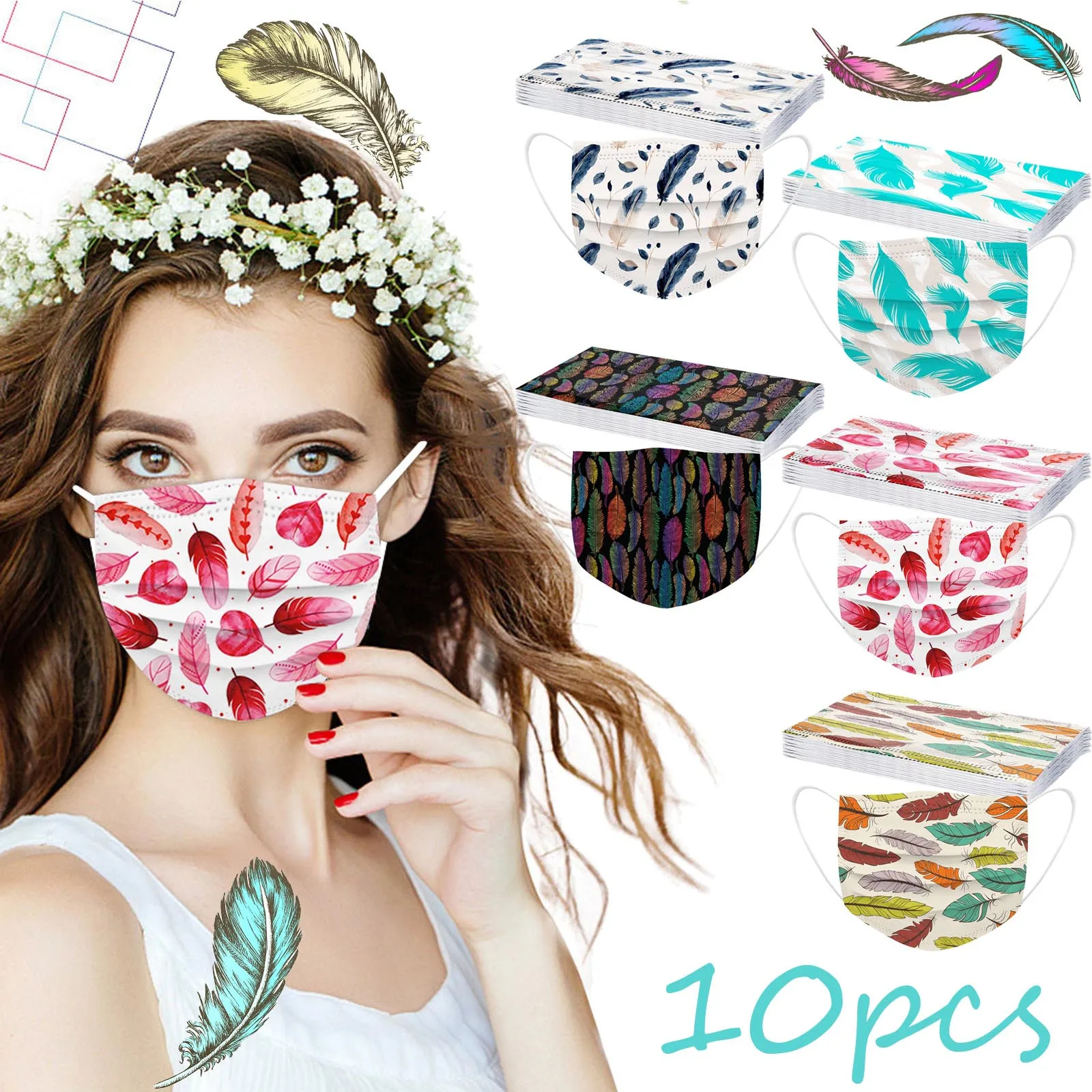 

10pc Adult Disposable Face Mask Feather Print Mouth Masks 3 Layers Protection Facemask Mascarillas Mondmaskers Masque