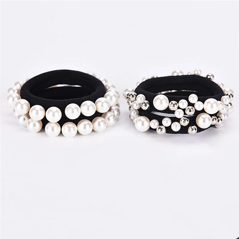 Модная одежда для девочек Эластичная повязка волос с жемчугом Черной шерстью
