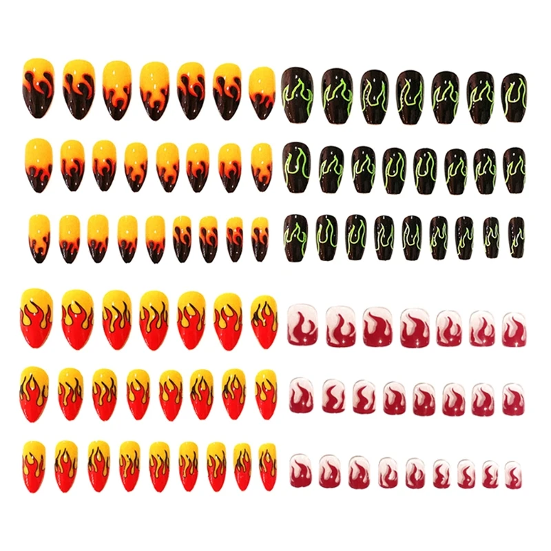 

Wearable Flame Pattern False Long Nails Coffin Full Cover Fake Nails Artificial Nail Art Salon for Women Girls Beauty