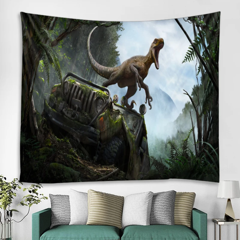 Динозавр на старом автомобиле гобелен полиэстер печать фон висячая ткань прямые