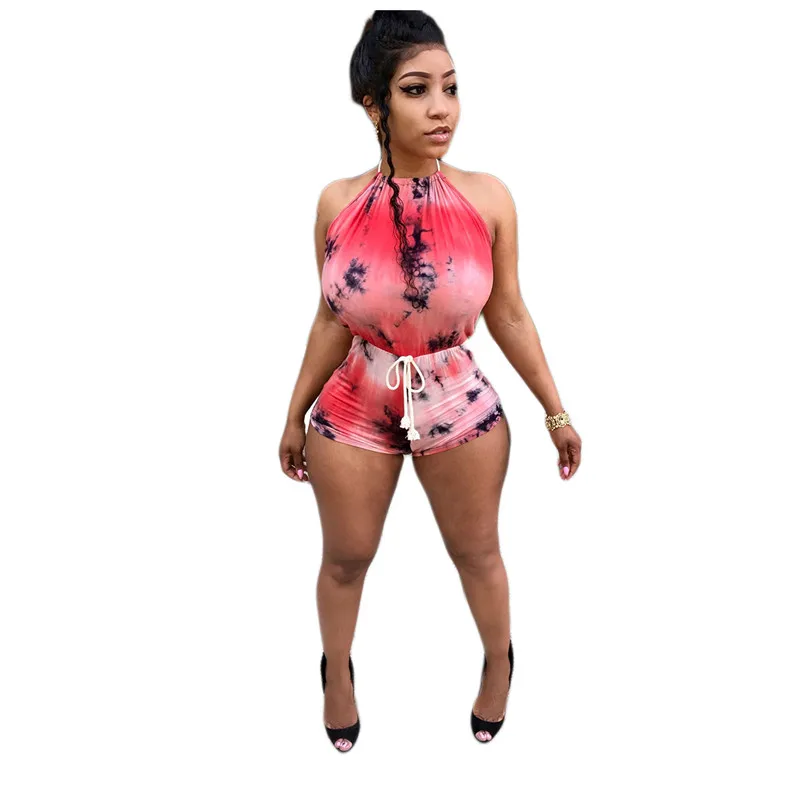 

Backless Halter Lace-up Jumpsuit Rompers 2020 Sexy Women Off Shoulder Print Bodysuit Trousers High Waist Print Jumpsuit Shorts