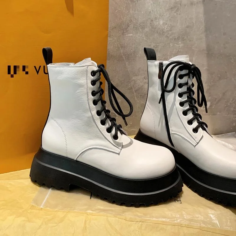 

Platform Flat Winter Cow Genuine Leather Martin Lace-up Ankle Boots For Women Botas Mujer Increasing Shoes