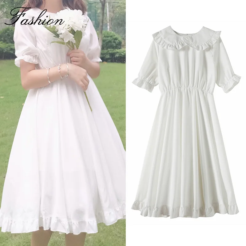 Летнее белое платье с оборками сказочное воротником питер пэн и высокой талией