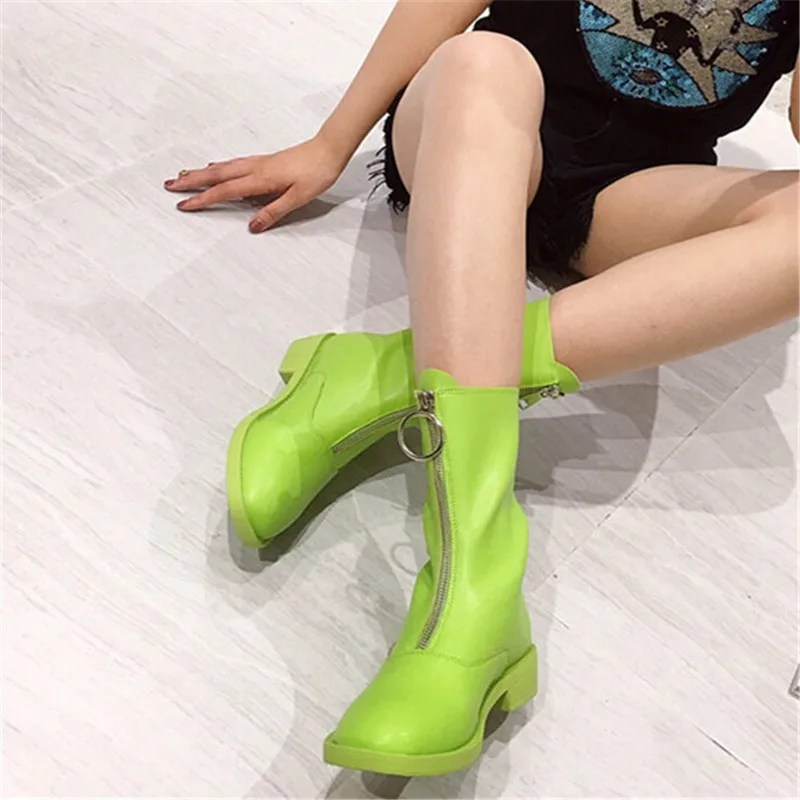 Ботильоны женские на низком каблуке с молнией спереди зеленые черные белые