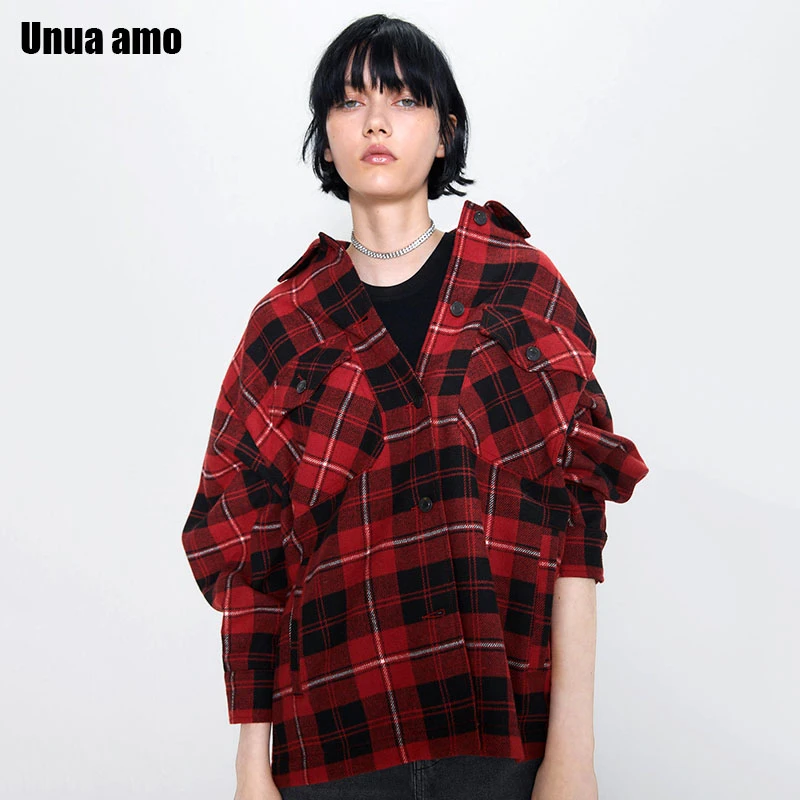 

Unua amo Plaid Jacket Women Autumn Coat 2021 Vintage Fashion Turn-down Collar Long Sleeve All-match Chic Tops Oversized Jacket