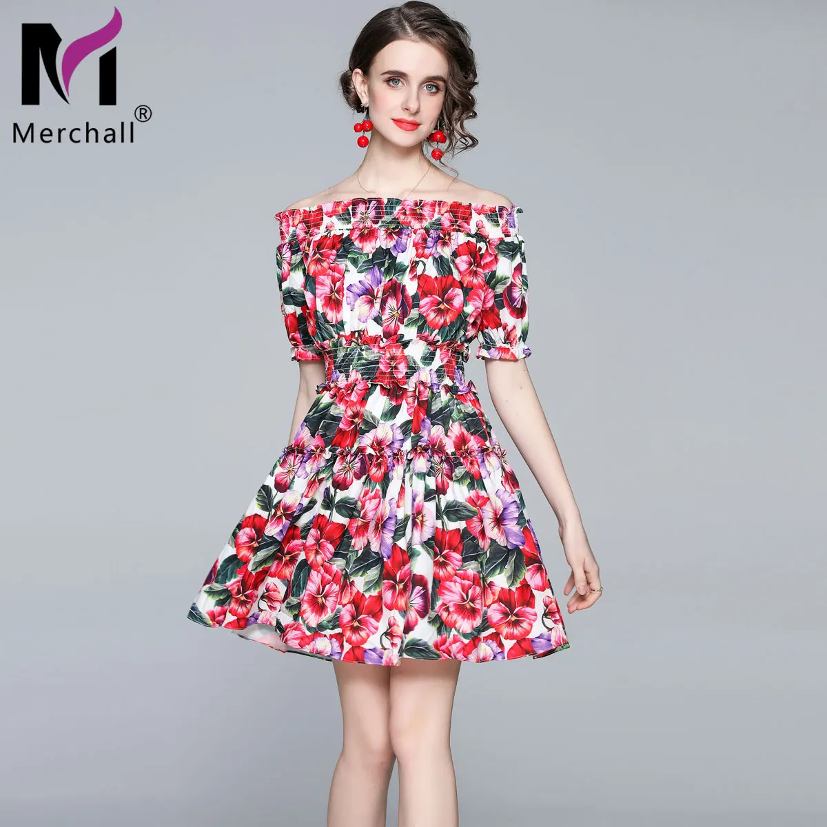 

Merchall New Fashion Woman Sexy Off Should Elastic Waist Mini Dress Ruffles Slash Neck Floral Print Summer Beach Vestidos M78683
