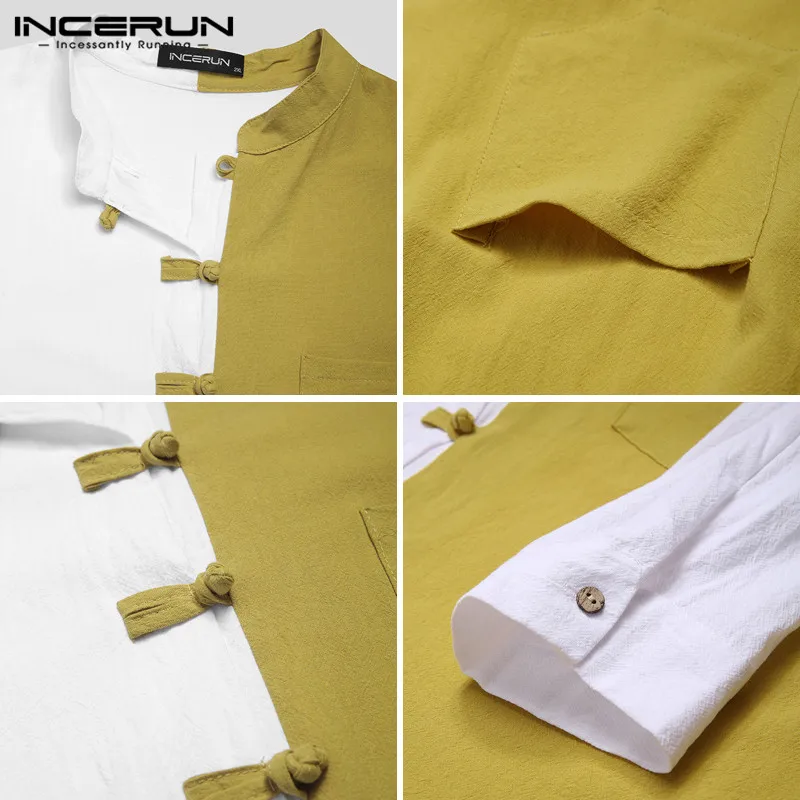

Chinese Style Men Shirt Patchwork 2021 Casual Stand Collar Long Sleeve Tops Retro Button Cotton Camisa Masculina Autumn INCERUN