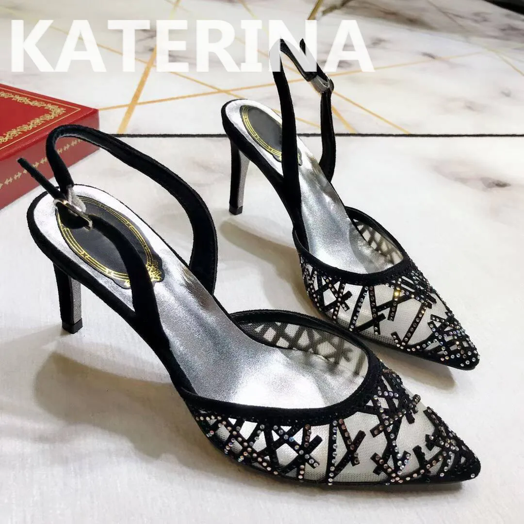 

New Fashion Women Stilettos High Heel Hollow Out Pointy Toe Shoes Ankle Strap Sandals Rhinestone Pave Sexy Dress Party Shoes