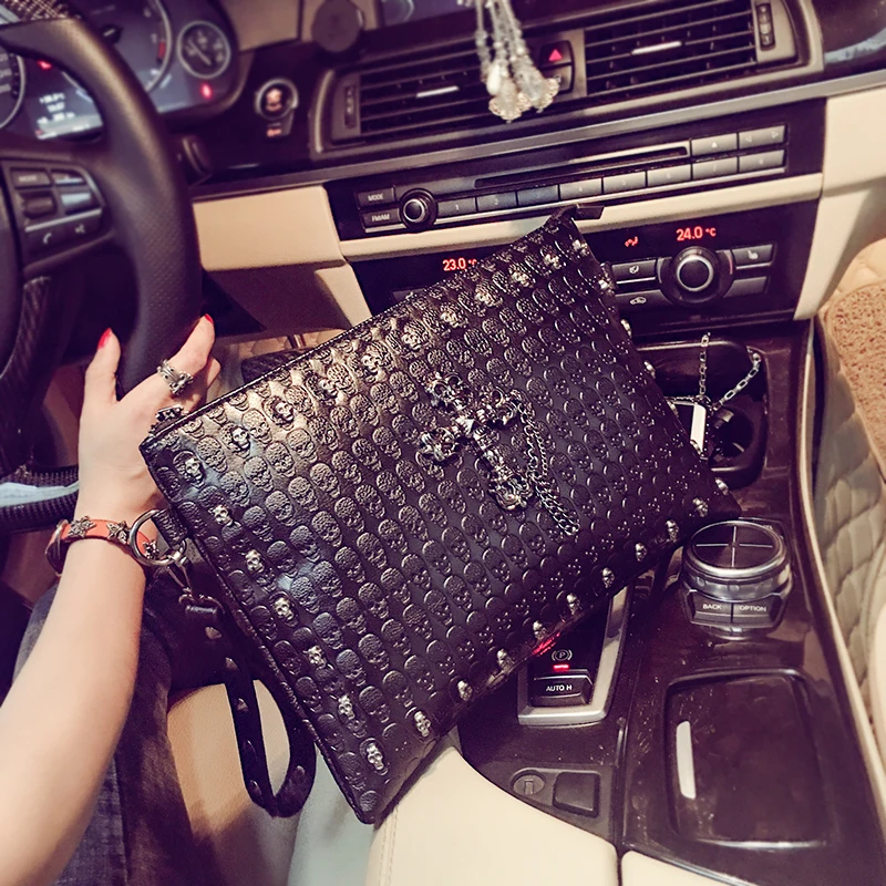 Punk Style Unisex Hip Hop Cross Tassel Handbag Black Fashion Skull Messenger Rivet Envelope Mini Clutch Small Shoulder Bag |