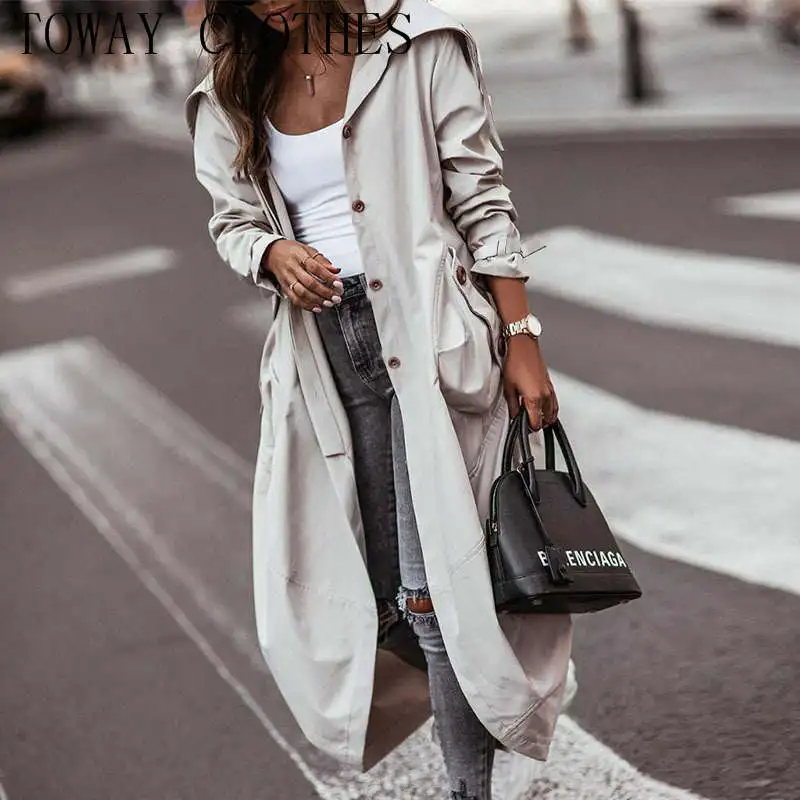 

Single Breasted Pocket Design Belted Hem Trench Coat Women Casual Solid Long Coat For Women