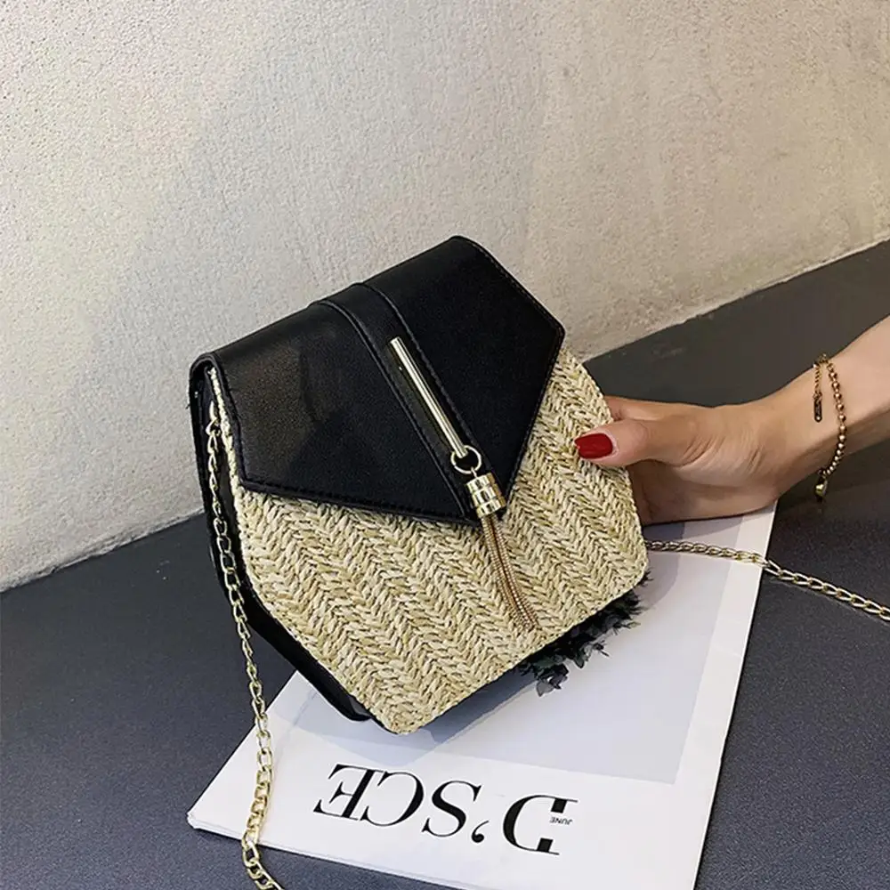 Женская соломенная сумка в стиле шестиугольника + Кожаная из ротанга плетеная