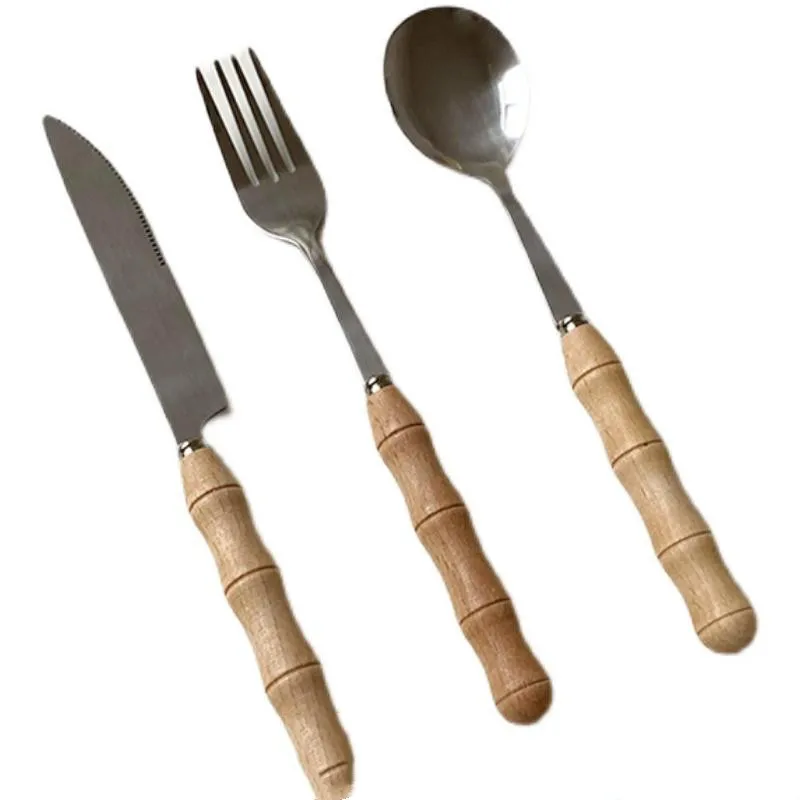 

Creative 6pcs Cutlery Set Wooden Handle Bamboo Stainless Steel Beech Dinner Fork Spoons Set Knife Teaspoon Dessert Tableware