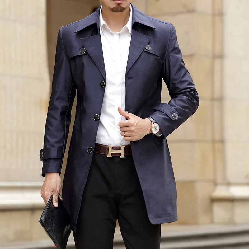 Мужской длинный тренчкот на пуговицах Thoshine темно-синий Повседневный верхняя