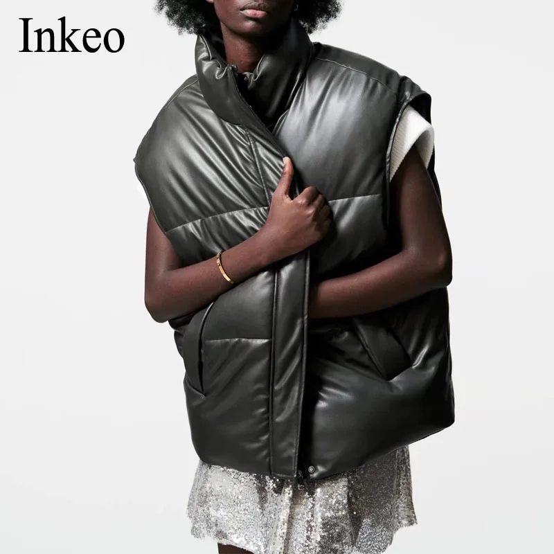 

Women Faux leather Puffer Jacket 2021 Winter High street loose Sleeveless Padded coat PU Vest Female Short Outwear INKEO 1O127