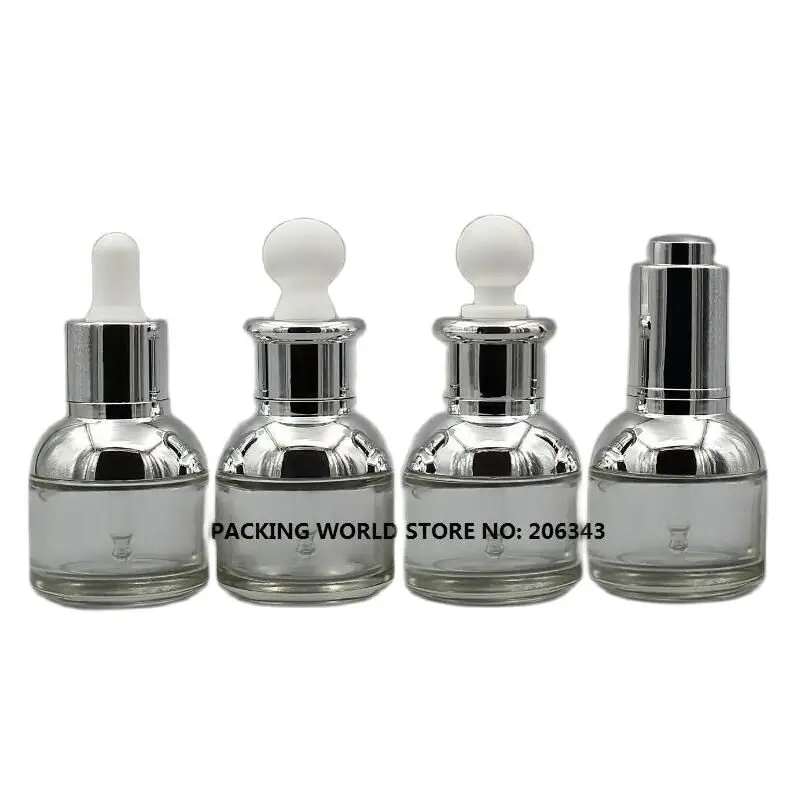 Прозрачная стеклянная бутылка 30 мл с серебряным плечом и воротником белая