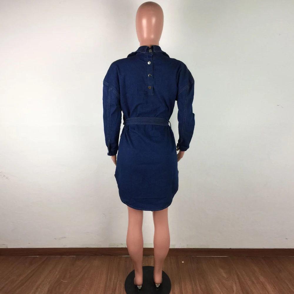 

Double Side Split Vintage Denim Mini Dresses Women Sexy Turn Down Collar Full Sleeve Party Dress Casual Buttons Belt Robe Femme