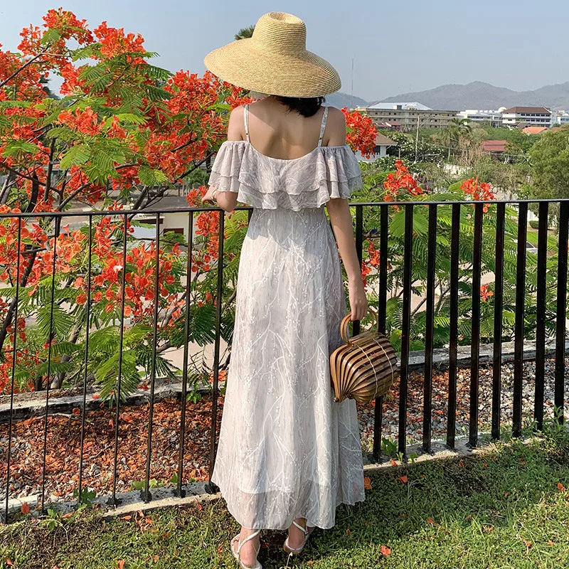 2020 Summer New Sexy Backless One Word Sling Dress Women Boho Chiffon Beach Ladies Vintage Elegant Party Dresses Vestidos | Женская