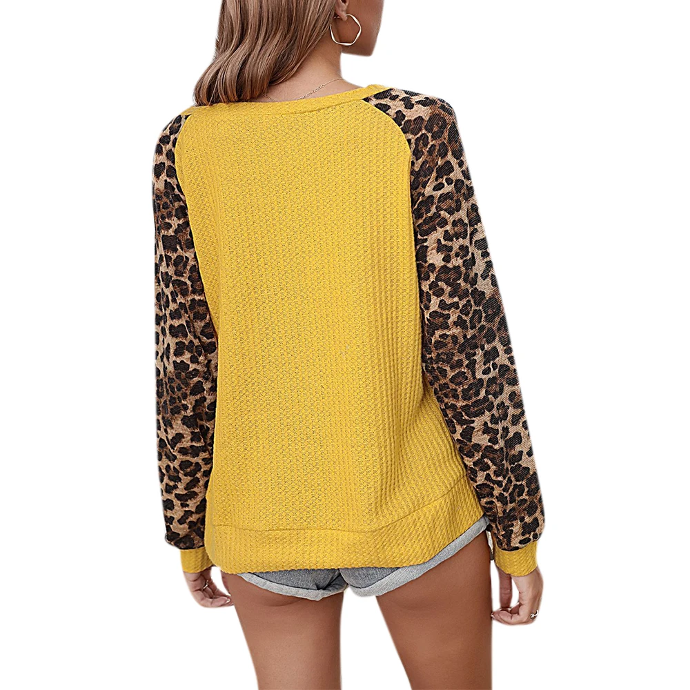 

#w 2020 Leopard Stitching Women T-Shirts O-Neck Long Sleeve Kniting Tee Tops Fall 2020 Office Lady Clothes Shirts