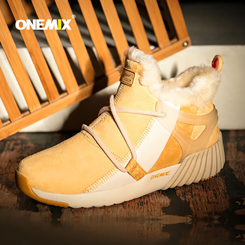 Jual ONEMIX Sepatu Bot Pria Kulit Musim Dingin Dengan Bulu 2021 Sepatu Bot Salju Pergelangan Kaki Tahan Air Mewah Hangat Sneakers Pria Atasan Tinggi Sepatu Hiking Pasangan