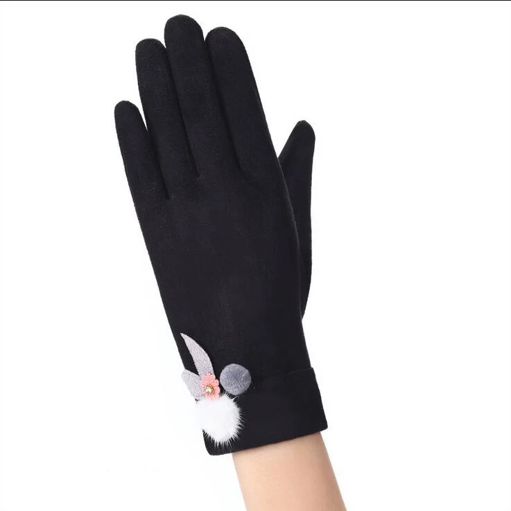 082F-black Новые зимние теплые женские перчатки кружевные кашемировые милые варежки с медведем двойные толстые плюшевые митенки сенсорный экран для женщин перчатки для вождения - Цвет: 082F-black