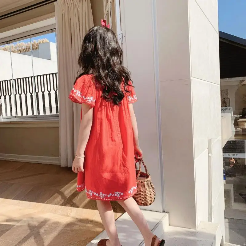 

Girl Casual Dress New Red Embroidery Princess Short Sleeve Dresses Summer Girls Sweet Costumes Teenagers Girls Vestidos Outfits