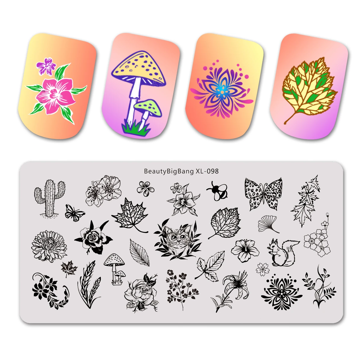 

BeautyBigBang Nail Stamping Plates Flower Leaves Theme Squirrel Cactus Printing Image Nail Art Stencil Template Mold XL-098