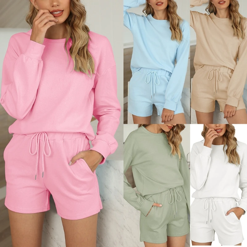 

Women Cotton Pajamas Long Sleeve Pullover Tops Drawstring Shorts Solid Sleepwear 449B