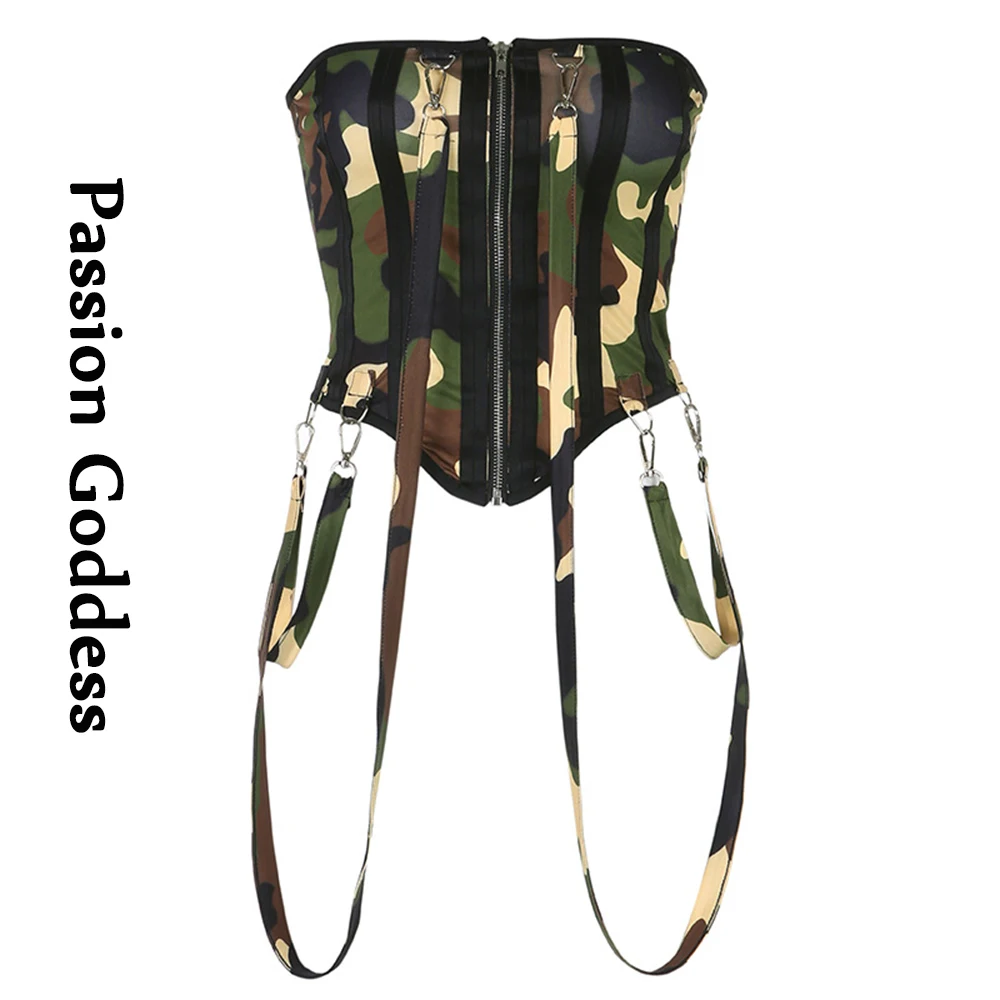 

Топ женский уличный на молнии, облегающий корсет с лентами и пряжками, крутая бандажная майка для фитнеса, корсет с камуфляжным рисунком