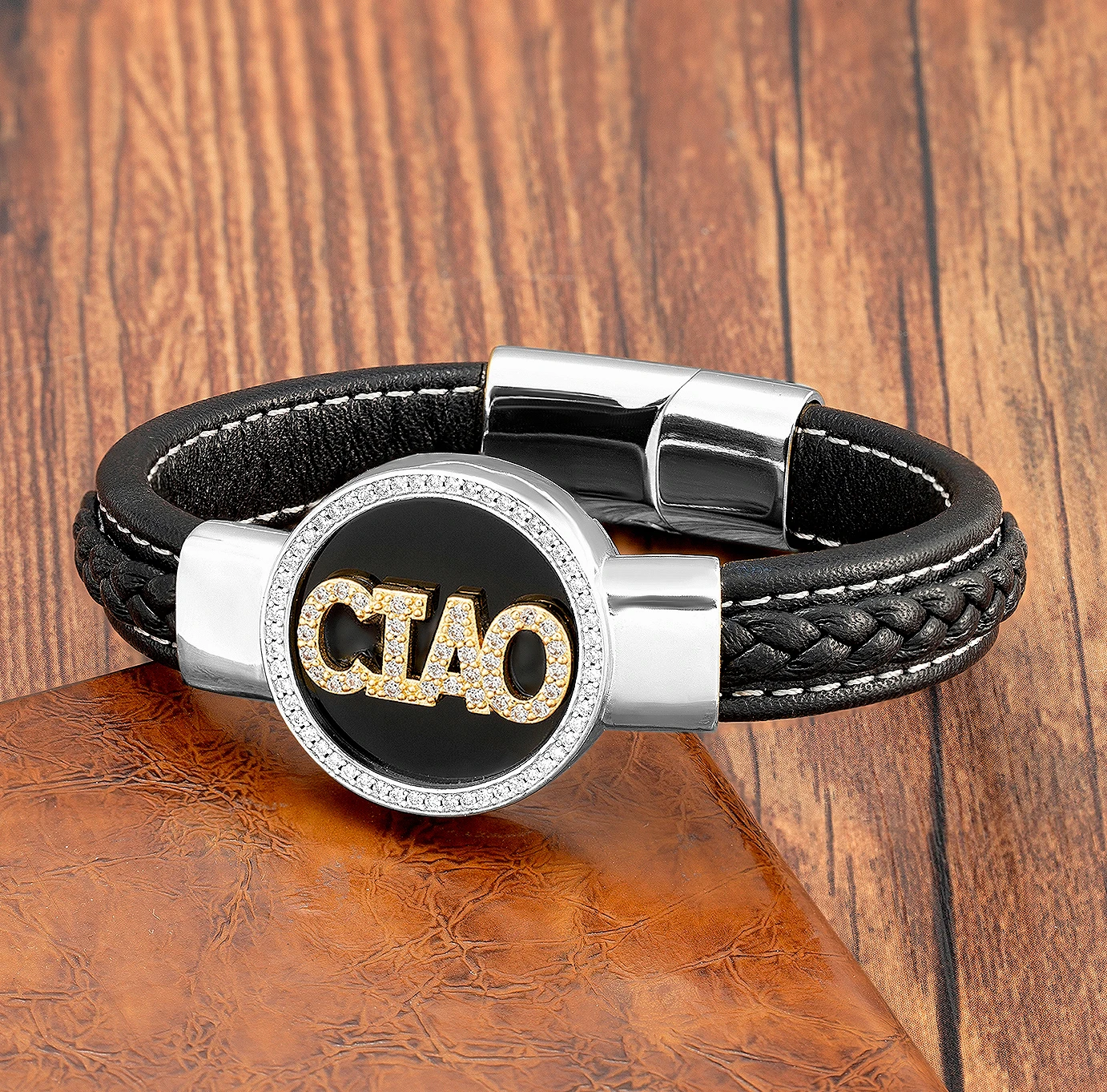 

Round Natural Stone Cubic Zirconia Initial Name Letter Bracelet Charm Stainless Steel Men's Jewelry Women Leather Bangles Gift