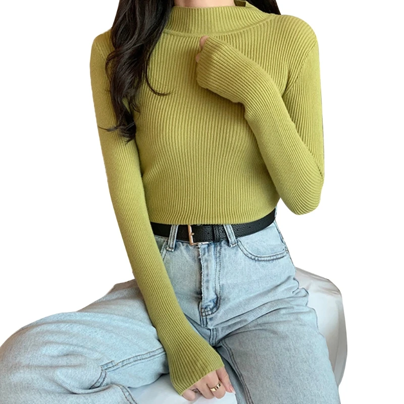 

Women Autumn Mock Turtleneck Sweater Ribbed Knitted Long Sleeve Pullover Tops Solid Color Basic Layering Slim Jumper