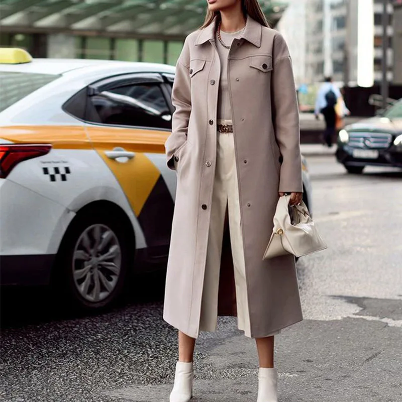 

2021 Autumn Solid Slimple Long Overcoat Women Elegant Turn-down Collar Button Slim Tops Jacket Winter Long Sleeve Coats Cardigan