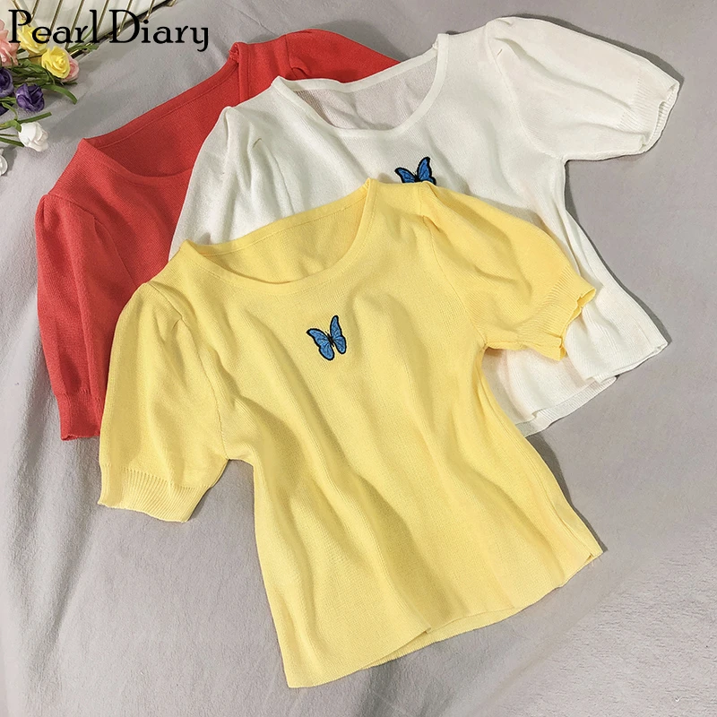 

Pearl Diary Women Knitted Tops Butterfly Embroidery Sweater Top Knitted Top Short Sleeves Femme Solid Casual Knitting Crop Top