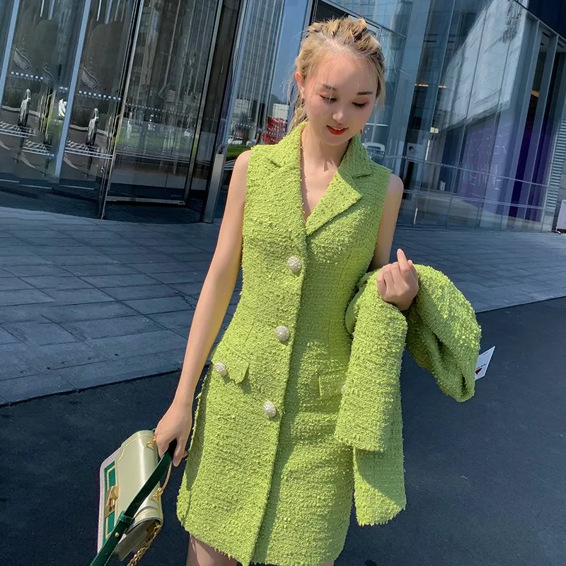 High Quality Women Tweed Two Piece Set Pearls Button Sundress Short Jacket Matching Sets Office Ladies Work Slim Fit Outfits
