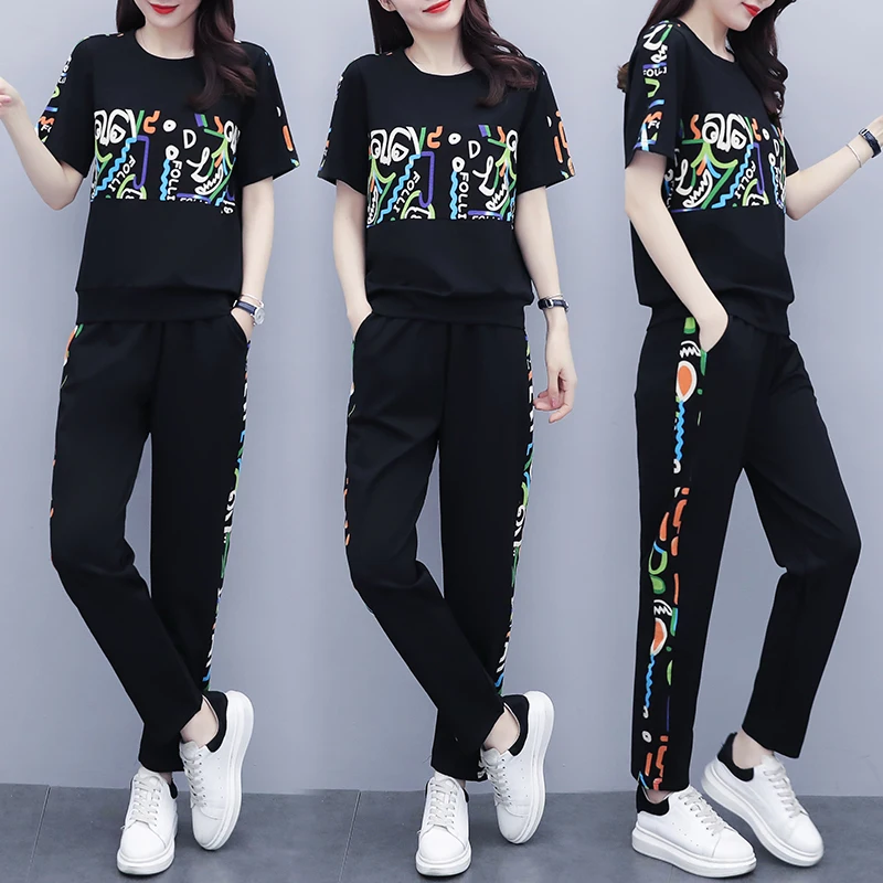 

New fashion leisure sports suit dress bigger sizes loose two-piece printed fleece clothes wet