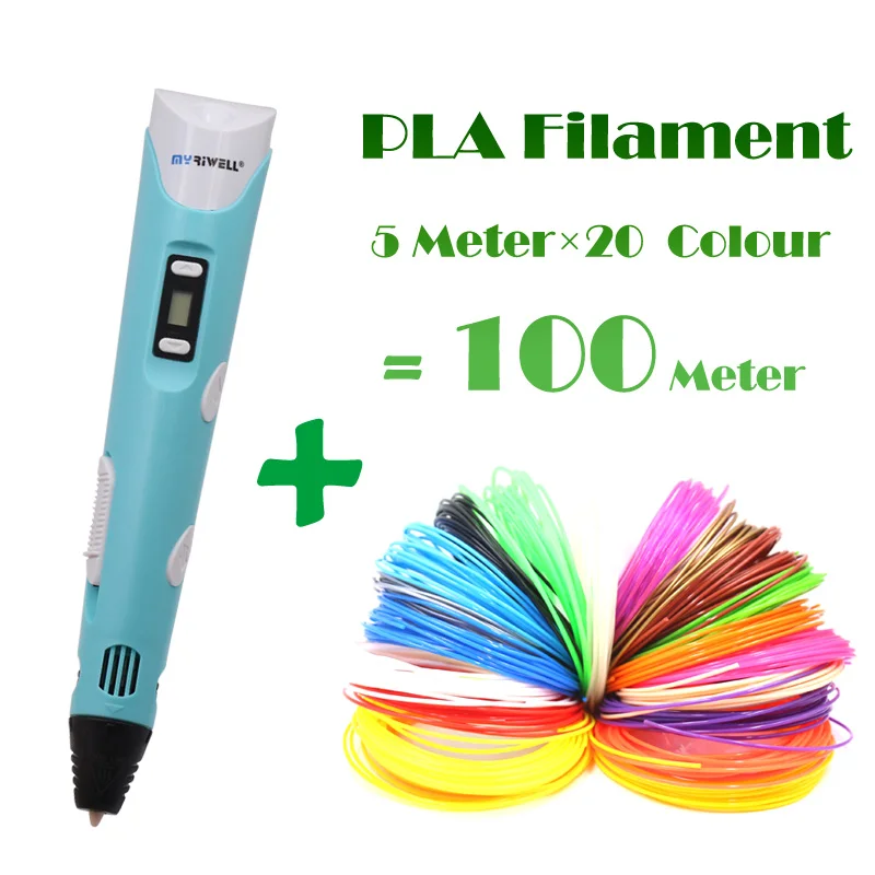 Blue 100M Filament 3d Ручка Myriwell 2 поколения ЖК-дисплей DIY 3D печать Ручка искусство 3D ручки для детей Инструменты для рисования Высокое качество ABS PLA пластик - Цвет: Blue 100M Filament