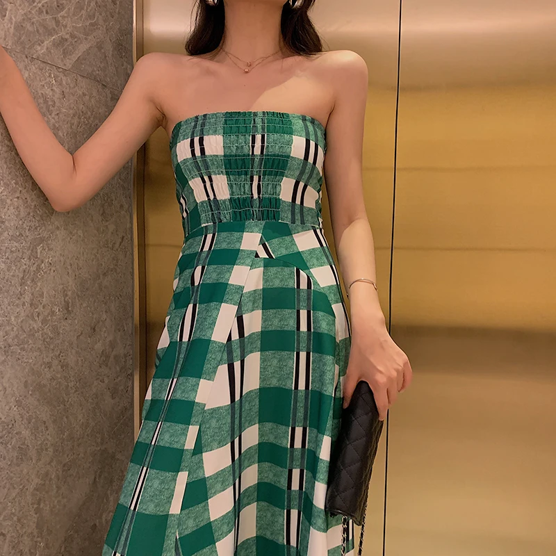 Винтажное клетчатое женское платье без бретелек рукавов в стиле ретро летнее
