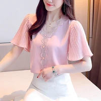 ljsxls pink white yellow korea style summer fashion chiffon blouses women patchwork short sleeve shirt loose v neck tops 2021