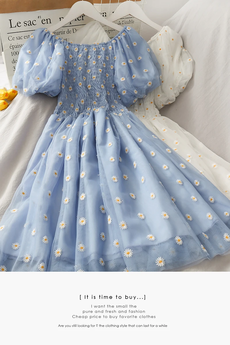 

Little Daisy Floral French Dress Elegant Women 2021summer V-neck Short Sleeve Fairy Dress Print Chic Retro Sweet One-piece Dress